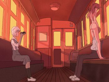 1boy 2girls artist_request ass ayanami_rei camera change_in_common_sense clothed_male_nude_female cunnilingus hair_ornament hetero highres holding holding_camera ikari_shinji interface_headset_(evangelion) long_hair looking_at_another multiple_girls neon_genesis_evangelion nude oral recording school_uniform shiny_skin short_hair simple_background sitting souryuu_asuka_langley the_end_of_evangelion train train_interior rating:Explicit score:189 user:fakyuh