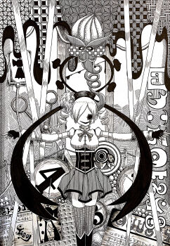  1girl abstract absurdres beret drill_hair fingerless_gloves gloves greyscale hat highres madoka_runes magical_girl mahou_shoujo_madoka_magica monochrome outstretched_arms rigel0310 solo spread_arms thighhighs tomoe_mami twin_drills witch's_labyrinth 