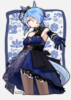  1girl alternate_costume animal_ears black_thighhighs blue_dress blue_eyes blue_gloves blue_hair blush breasts closed_mouth commentary_request dress ear_ornament elbow_gloves gloves hair_between_eyes highres horse_ears horse_girl horse_tail k.s.miracle_(umamusume) looking_at_viewer saramiao-chan short_hair single_bare_shoulder single_elbow_glove single_strap smile solo tail thighhighs umamusume 