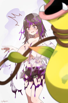  1girl @_@ absurdres apple_hair_ornament areola_slip artist_name black_shorts blush breasts brown_hair censored convenient_censoring dissolving_clothes food-themed_hair_ornament gen_1_pokemon glassy0302 hair_ornament highres huge_breasts jewelry kuraishi_ringo_(glassy0302) kuraishi_rinngo leaf major_injury_underreaction medium_hair mega_evolution mega_victreebel nintendo open_mouth original poison pokemon pokemon_(creature) purple_eyes shirt short_shorts shorts standing twitter_username victreebel white_shirt 