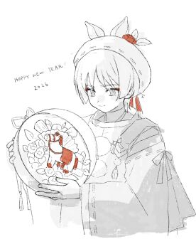  1boy 2026 alternate_costume alternate_headwear animal_ear_headwear ball beret blunt_ends bow closed_mouth commentary_request cropped_torso detached_sleeves eyeliner eyeshadow fake_animal_ears feathers fingernails genshin_impact greyscale haori_himo happy_new_year hat hat_ornament highres hishida_(koko_escape) holding holding_ball horse japanese_clothes kariginu kimono layered_sleeves leaf_hat_ornament makeup male_focus monochrome new_year pom_pom_(clothes) red_eyeliner red_eyeshadow ribbon-trimmed_headwear ribbon-trimmed_sleeves ribbon_trim scaramouche_(genshin_impact) smile solo split_mouth spot_color tassel toy tsurime white_background wide_sleeves wispy_bangs 