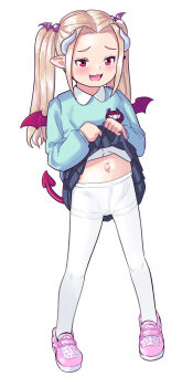1girl blonde_hair clothes_lift demon_girl demon_horns demon_tail demon_wings fang female_focus full_body heart heart_print highres horns kindergarten_uniform lifting_own_clothes loli looking_at_viewer midriff_peek name_tag navel open_mouth original outie_navel pantyhose parted_hair pink_shoes pointy_ears print_footwear red_eyes shoes simple_background skirt skirt_lift sneakers solo standing tail twintails unmaker velcro velcro_footwear white_background white_pantyhose wings rating:Questionable score:155 user:Dweenie