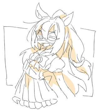  1girl ;d animal_ears beer_hsk bow brown_theme commentary_request el_condor_pasa_(umamusume) eye_mask frilled_skirt frills hair_between_eyes horse_ears long_hair looking_at_viewer mask monochrome one_eye_closed open_mouth pleated_skirt ponytail puffy_short_sleeves puffy_sleeves school_uniform shirt short_sleeves skirt smile solo tracen_school_uniform umamusume very_long_hair white_background 