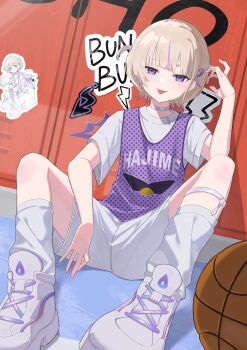  1girl :p absurdres ball basketball_(object) blonde_hair commentary_request highres hololive hololive_dev_is looking_at_viewer multicolored_hair purple_eyes purple_hair shirt short_hair shorts solo streaked_hair todoroki_hajime tongue tongue_out two_side_up white_shirt white_shorts yonezaki_yuu 