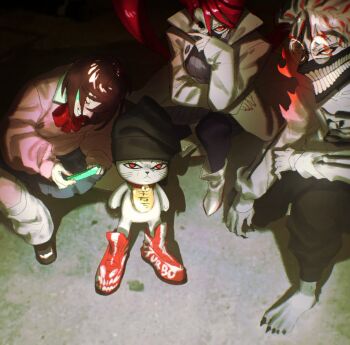  1boy 1other 2girls alternate_form ayase_momo bad_tag barefoot black_hat black_pants black_shoes blue_thighhighs bow bowtie brown_hair cellphone chibikemo coat commentary dandadan dewa-chan dress english_commentary glasses glowing glowing_eyes gyaru half_mask hat highres jacket kami_high_school_uniform long_sleeves long_toenails looking_at_viewer loose_socks maneki-neko mask meme miniskirt multiple_girls nail_polish open_clothes open_coat pants phone pink_hair pink_sweater platform_heels pleated_skirt purple_sweater red_bow red_bowtie red_eyes red_shoes red_streaks ribbed_sweater school_uniform shiratori_aira_(dandadan) shoes skirt socks sweater sweater_dress takakura_ken_(dandadan) takakura_ken_(transformed)_(dandadan) teeth_print_mask thighhighs toenails transformation turbo_granny_(dandadan) turtleneck turtleneck_dress turtleneck_sweater white_hair white_jacket 