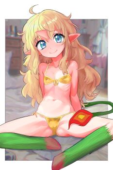  1girl absurdres bikini blonde_hair blue_eyes commentary_request futaba_channel highres horns kirin_(nijiura_maids) large_variant_set long_hair navel nijiura_maids pointy_ears single_horn sitting smile solo swimsuit tail tsukiyono_aroe variant_set yellow_bikini 