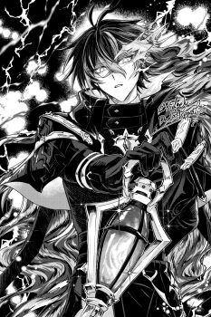  1boy absurdres belt capelet coat commentary cowboy_shot crossed_bangs fire flins_(genshin_impact) floating_hair genshin_impact greyscale highres holding holding_lantern lantern long_hair long_sleeves looking_at_viewer luit male_focus monochrome outstretched_arm solo symbol-only_commentary twitter_username 