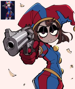  1girl absurdres blue_eyes blue_pants blue_shirt brown_hair commentary gloves gun half-closed_eyes handgun hat highres holding holding_gun holding_weapon jester_cap looking_at_viewer medium_hair multicolored_eyes multicolored_pants multicolored_shirt pants peargor photo-referenced pomni_(the_amazing_digital_circus) red_eyes red_gloves red_pants red_shirt revolver shirt solo standing the_amazing_digital_circus weapon  rating:General score:6 user:danbooru