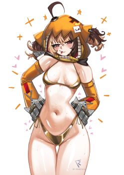  :3 absurdres ahoge artist_name bikini blonde_hair breasts bright_pupils brown_hair commentary cowboy_shot detached_hood detached_sleeves dripping english_commentary eyelashes franzilla gauntlets gigi_murin gold_bikini golden_week hands_on_own_hips heart highres hololive hololive_english hood multicolored_hair navel pink_eyes shiny_skin short_twintails simple_background smile smug stomach swimsuit thighs tongue tongue_out twintails two-tone_hair virtual_youtuber wet white_background white_pupils 