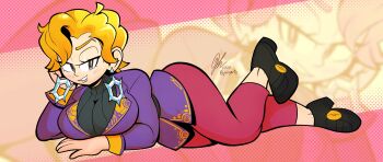  1girl absurdres blonde_hair breasts briar_(pokemon) bright_pupils brown_eyes crystal_earrings dated earrings eyelashes full_body glasses hair_between_eyes half-closed_eyes hand_on_own_cheek hand_on_own_face high_heels highres jacket jewelry juicyartz large_breasts leg_up lips long_sleeves looking_at_viewer lying multicolored_hair nintendo on_floor on_side on_stomach pants pokemon pokemon_sv purple_jacket purple_pants red_background red_pants ribbed_shirt shirt short_hair signature smile solo sweater sweater_under_jacket zoom_layer 