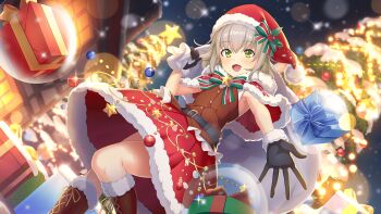  1girl animal_costume animal_ears antlers aurora bag beanie bell belt belt_buckle bikini black_belt black_gloves blonde_hair blush boots bow bowtie box brown_boots buckle candy candy_cane cape capelet carrying_over_shoulder chimney christmas christmas_lights christmas_ornaments christmas_tree cloak deep_one_kyomu_to_mugen_no_fragment deer_ears dress fake_antlers fake_facial_hair fake_mustache fireplace food fur-trimmed_boots fur-trimmed_cape fur-trimmed_capelet fur-trimmed_cloak fur-trimmed_dress fur-trimmed_gloves fur-trimmed_headwear fur-trimmed_hood fur-trimmed_legwear fur-trimmed_shorts fur-trimmed_skirt fur-trimmed_sleeves fur_trim gift gift_bag gift_box gloves green_bow green_bowtie green_eyes green_ribbon hair_bell hair_ornament hat holding holding_bag holding_gift holding_sack holly hood horns katia_bruntseva knee_boots lace-up_boots long_hair looking_at_viewer mayusaki_yuu merry_christmas multicolored_bow neck_bell night non-web_source open_mouth pine_tree pom_pom_(clothes) pom_pom_beanie red_capelet red_dress red_gloves red_skirt reindeer reindeer_antlers reindeer_costume ribbon rooftop sack santa_bikini santa_boots santa_costume santa_dress santa_gloves santa_hat shirt shorts skirt sleeveless smile snow snowflake_print snowflakes snowing snowman solo sparkle star_(symbol) swimsuit tree wreath 