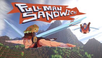  3boys blu_soldier_(tf2) blue_coat boots bread_monster coat commentary constricted_pupils covered_eyes demoman_(tf2) disturbed elytra_(minecraft) english_text flying grabbing_another's_ass groping hand_wraps hat headset helmet minecraft mountain multiple_boys nofaceuserr open_mouth outstretched_arms pants red_demoman_(tf2) red_hat red_pants red_scout_(tf2) russian_commentary scout_(tf2) shirt soldier_(tf2) speech_bubble spread_arms team_fortress_2 vest 