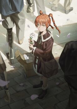  1girl bag basket black_boots boots brown_coat brown_hair closed_mouth coat commentary day expressionless falling_petals flower full_body fur-trimmed_coat fur_trim green_eyes hair_between_eyes highres holding holding_flower kuthi0510 long_hair long_sleeves looking_at_viewer mechanical_arms mechanical_legs multi-tied_hair outdoors people petals prosthesis prosthetic_arm prosthetic_leg ran_(texhnolyze) running_bond shoulder_bag sidewalk single_mechanical_arm single_mechanical_leg solo_focus standing stone_floor texhnolyze twintails white_flower 