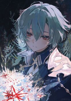  1boy absurdres armor daro_(dar0o0rab) four-pointed_star genshin_impact gold_trim grey_hair hair_between_eyes hashtag-only_commentary highres lohen_(genshin_impact) male_focus mole mole_under_eye multicolored_eyes pauldrons red_pupils short_hair shoulder_armor single_pauldron wing_collar 