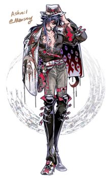  1boy alternate_costume ashveil_(honkai:_star_rail) belt black_hair boots chain commentary_request crescent cutoffs earrings eye_print fedora full_body gem gradient_hair hat high_heel_boots high_heels highres honkai:_star_rail honkai_(series) jewelry light_smile long_hair male_focus mensang multicolored_hair necklace open_clothes pants pectoral_cleavage pectorals single_earring strap white_background 