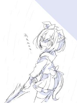  animal_ears beer_hsk bow braid closed_umbrella commentary_request ear_ribbon greyscale hair_between_eyes holding holding_umbrella horse_ears horse_girl horse_tail long_sleeves looking_to_the_side monochrome multicolored_hair open_mouth pleated_skirt puffy_long_sleeves puffy_sleeves rain school_uniform shirt sketch skirt special_week_(umamusume) tail thighhighs tracen_school_uniform translation_request two-tone_hair umamusume umbrella wavy_mouth 