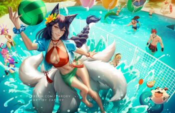  1other 4boys 4girls ahri_(league_of_legends) alternate_costume animal_ear_fluff animal_ears artist_name ball bikini black_bikini black_gloves black_hair black_hairband black_shorts blonde_hair blue_scrunchie blue_shirt braid braided_ponytail breasts brown_bikini character_request cleavage coconut_cup collarbone commentary cropped_shirt english_commentary facial_mark fingerless_gloves flower fox_ears fox_girl fox_tail full_body gloves green_sarong hair_flower hair_ornament hairband hand_up jumping kitsune league_of_legends looking_at_object lux_(league_of_legends) male_swimwear medium_breasts mermaid monster_girl multiple_boys multiple_girls multiple_tails muscular muscular_male nami_(league_of_legends) navel neeko_(league_of_legends) o-ring o-ring_top one-piece_swimsuit outdoors pool pool_party_syndra poro_(league_of_legends) puffy_short_sleeves puffy_sleeves purple_hair purple_one-piece_swimsuit red_bikini red_eyes red_hair red_shorts sarong scrunchie sett_(league_of_legends) shirt short_sleeves shorts solo_focus splashing stomach swim_ring swim_trunks swimsuit syndra tail volleyball_(object) wading water_volleyball watermark web_address wrist_scrunchie zarory 