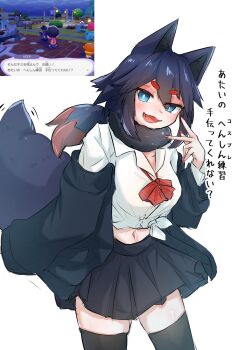  1girl :3 animal_ear_fluff animal_ears black_skirt black_sweater black_thighhighs blue_eyes bow bowtie commentary_request fangs fox_ears fox_tail game_screenshot_inset gen_5_pokemon hair_flaps hand_up highres humanization low_ponytail midriff multicolored_hair navel nintendo off-shoulder_sweater off_shoulder open_mouth pokemon ponytail red_bow red_bowtie red_nails red_streaks rexeig screenshot_inset shiny_skin shirt simple_background skirt smile streaked_hair sweater tail thick_eyebrows thighhighs tied_shirt translation_request white_background white_shirt zorua 