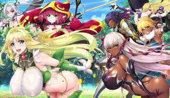  6+girls aoi_nagisa_(metalder) areola_slip armor armpits ass bare_shoulders blonde_hair blue_eyes butt_crack covered_erect_nipples dark-skinned_female dark_elf dark_skin delva_celebrian elda_ballad elf evelyn_celebrian forest green_eyes harem knoll_(youkoso!) lucie_menelumia misery_stentrem multiple_girls nature official_art outdoors panties phyllis_hagerhelm pointy_ears red_eyes red_hair siblings sisters sky smile underwear white_hair yellow_eyes youkoso!_sukebe_elf_no_mori_e 