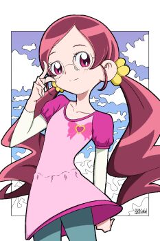  1girl adjusting_eyewear arm_behind_back artist_name blue_pants blue_sky border bow capri_pants closed_mouth cloud cloudy_sky collarbone commentary cowboy_shot denim dress flower glasses hair_flower hair_ornament hair_scrunchie hanasaki_tsubomi hand_up heartcatch_precure! highres jeans layered_sleeves long_hair long_sleeves looking_at_viewer low_twintails outside_border pants parted_bangs pink_bow pink_dress pink_eyes pink_hair precure puffy_short_sleeves puffy_sleeves round_eyewear scrunchie short_dress short_sleeves signature sky smile solo split_mouth theyukkinon twintails very_long_hair white_border yellow_scrunchie yellow_sleeves 