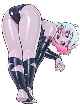  1girl ahoge ass bent_over black_leotard briar_(league_of_legends) claws colored_sclera colored_skin colored_tips detached_sleeves fingernails from_behind full_body highres league_of_legends leotard looking_at_viewer looking_back multicolored_hair open_mouth pink_hair pointy_ears red_sclera sharp_fingernails sharp_teeth short_hair simple_background smile solo stirrup_footwear teeth toeless_legwear tongue two-tone_hair upper_teeth_only white_background white_eyes white_hair yirtios 