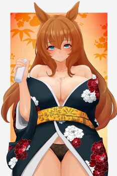  1girl absurdres alcohol alternate_costume animal_ears artist_name bare_shoulders black_kimono black_panties blush bottle breasts brown_hair bust_cup cleavage commentary_request floral_print floral_print_kimono hair_between_eyes highres holding holding_bottle honoaka horse_ears horse_girl japanese_clothes kimono large_breasts long_hair long_sleeves looking_at_viewer maruzensky_(umamusume) off_shoulder panties print_kimono sake sash smile solo thighs tokkuri umamusume underwear wide_sleeves yellow_sash 
