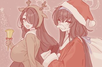  2girls animal_costume bell black_gloves blue_archive breasts fake_facial_hair fake_mustache fight_yoghurt gloves hair_over_one_eye hairband hat hinata_(blue_archive) holding holding_bell holding_sack imageboard_colors large_breasts long_hair multiple_girls reindeer_costume sack santa_costume santa_hat ui_(blue_archive) 