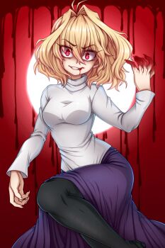  1girl ahoge antenna_hair arcueid_brunestud blonde_hair blood blood_from_mouth blood_on_hands commentary_request crossed_legs dojipan evil_grin evil_smile facing_viewer fingernails full_moon grin hair_between_eyes head_tilt long_skirt messy_hair moon pantyhose purple_skirt red_arcueid red_eyes sharp_fingernails short_hair skirt smile standing sweater tsukihime tsukihime_(remake) turtleneck turtleneck_sweater vampire wavy_hair white_sweater 
