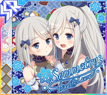  2girls album_cover bare_shoulders blue_bow blue_dress blue_eyes blue_gem blue_sleeves blunt_ends blush bow breast_press breasts character_name cover detached_sleeves dot_nose dress english_text game_cg gem grey_hair hair_bow high_ponytail idol_wars irina_romanenko laura_romanenko long_hair long_sidelocks looking_at_viewer matryoshka_doll medium_breasts medium_hair multiple_girls official_art open_mouth parted_lips ponytail see-through_cleavage see-through_clothes siblings sidelocks sisters small_breasts smile snowflakes strapless strapless_dress teeth third-party_source two-tone_dress upper_body upper_teeth_only white_dress 