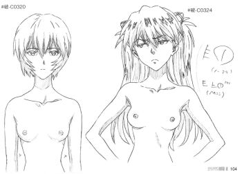  ayanami_rei breasts completely_nude highres japanese_text long_hair looking_at_another looking_at_viewer neon_genesis_evangelion nipples nude official_art short_hair simple_background sketch souryuu_asuka_langley  rating:Questionable score:60 user:nestofar