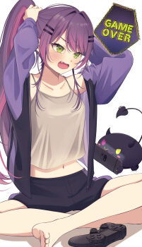  1girl absurdres aoba_takeru bibi_(tokoyami_towa) black_shorts breasts camisole commentary_request controller fang game_controller gradient_hair green_eyes grey_camisole hair_ornament hairclip handheld_game_console highres hololive indian_style jacket long_hair medium_breasts midriff_peek multicolored_hair navel parallel_hairclips pink_hair ponytail purple_hair purple_jacket shorts sitting tokoyami_towa two-tone_hair tying_hair virtual_youtuber 