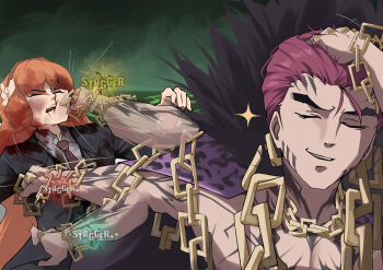  1boy 1girl absurdres afterimage arm_tattoo black_coat black_fur black_pants black_vest blood blood_on_clothes bruise bruise_on_face chain chain_around_arm chain_around_neck chest_tattoo closed_eyes coat coat_on_shoulders collared_shirt commentary english_commentary facial_tattoo fur-trimmed_coat fur_trim game_screenshot_inset gold_chain gold_ring hair_ribbon hair_slicked_back hairband hand_in_own_hair highres injury ishmael_(project_moon) jewelry lapels limbus_company long_hair meme multiple_rings naoya_hitting_choso_without_looking_(meme) necktie neva_(dir4ct_c) notched_lapels orange_hair pants project_moon punching purple_coat purple_hair red_necktie ribbon ricardo_(project_moon) ring screenshot_inset shirt short_hair shoulder_tattoo sky smear_frame smile sparkle tattoo very_short_hair vest white_ribbon white_shirt 