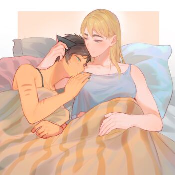  2girls adora_(she-ra) animal_ears bed blanket cat_ears cat_girl catra commentary couple crop_top cuddling english_commentary freckles hand_on_another's_head head_on_pillow highres looking_at_another masters_of_the_universe multiple_girls pillow shared_bed she-ra_and_the_princesses_of_power smile striped_skin under_covers youliqy yuri 