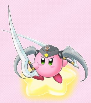  :o alternate_eye_color blush_stickers colored_skin commentary copy_ability cosplay crossover dixie_cup_hat dual_wielding english_commentary green_eyes grey_hair hat hat_ornament highres holding holding_sword holding_weapon kirby kirby_(series) military_hat nintendo no_humans pink_background pink_skin polka_dot polka_dot_background senran_kagura senran_kagura_new_wave star_(symbol) star_hat_ornament sword tsubame_(senran_kagura) tsubame_(senran_kagura)_(cosplay) twintails v-shaped_eyebrows warp_star weapon yui_(jisatsu) 