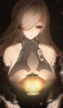  1girl absurdres arano_(waikuni11) bare_shoulders breasts cleavage closed_mouth commentary_request detached_sleeves genshin_impact grey_eyes grey_hair hair_over_one_eye highres lantern large_breasts light_smile long_hair official_alternate_costume paper_lantern see-through_cleavage see-through_clothes shenhe_(frostflower_dew)_(genshin_impact) shenhe_(genshin_impact) sleeveless solo upper_body very_long_hair 