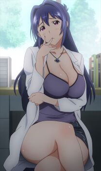  1girl anime_screenshot blue_hair breasts cleavage curvy highres huge_breasts jewelry lab_coat large_breasts legs long_hair looking_at_viewer maken-ki! maken-ki!_two necklace nijou_aki stitched thighs third-party_edit 
