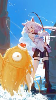  1girl a0s0l ahoge alternate_color animal_ear_fluff animal_ears aqua_eyes black_boots black_shorts blue_sky boots braid cloud commentary_request fishing fishing_line fishing_rod fox_ears fox_girl fox_tail gen_1_pokemon highres holding holding_fishing_rod hololive magikarp nintendo poke_ball poke_ball_(basic) pokemon shiny_pokemon shirakami_fubuki shirakami_fubuki_(1st_costume) short_shorts shorts side_braid single_braid single_thighhigh sky splashing tail thighhighs virtual_youtuber water white_hair 