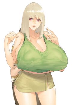  1boy 1girl behind_another blonde_hair breasts cleavage faceless faceless_male female_focus gigantic_breasts grabbing_another's_breast grabbing_from_behind green_shirt groping hand_under_clothes hand_under_shirt hands_up kisame_(muneneko) legs_apart looking_at_viewer medium_hair midriff midriff_peek miniskirt muneneko narrowed_eyes original pencil_skirt red_eyes shirt shota sideboob skirt sleeveless standing white_background 