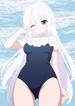  1girl ;d absurdres ahoge arm_at_side ayachi_nene bare_shoulders blue_archive blue_one-piece_swimsuit blue_sky blush breasts clenched_hands closed_mouth cloud cloudy_sky commentary cosplay cowboy_shot day eyes_visible_through_hair frilled_one-piece_swimsuit frills from_below gluteal_fold groin hair_between_eyes happy heart heart_in_eye highres large_breasts long_hair look-alike looking_at_viewer miyako_(blue_archive) miyako_(blue_archive)_(cosplay) miyako_(swimsuit)_(blue_archive) off-shoulder_one-piece_swimsuit off_shoulder one-piece_swimsuit one_eye_closed open_mouth outdoors purple_eyes sanoba_witch sidelocks sky smile solo swimsuit symbol_in_eye thighs very_long_hair white_hair zephy0215 