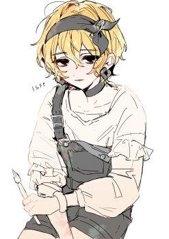  16personalities 1girl absurdres adventurer_(16personalities) belt_buckle black_choker black_eyes black_hairband black_overalls blonde_hair bow_hairband bracelet buckle choker commentary_request cowboy_shot dot_nose double-parted_bangs earrings frills hair_between_eyes hairband highres holding holding_paintbrush hoop_earrings ikqgon invisible_chair jewelry left-handed long_sleeves looking_at_viewer overall_shorts overalls paint_stains paintbrush parted_lips pixie_cut puffy_long_sleeves puffy_sleeves shirt short_hair simple_background sitting solo stained_clothes suspenders suspenders_hanging very_short_hair white_background 