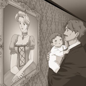 1girl 2boys baby bad_perspective bad_proportions black_suit carrying carrying_baby carrying_person choker commentary_request dress facial_hair father_and_child father_and_son formal_clothes george_joestar greyscale hand_on_another's_cheek hand_on_another's_face hands_on_lap highres jojo_no_kimyou_na_bouken jonathan_joestar korean_commentary mary_joestar monochrome multiple_boys mustache orewadeklteru parent_and_child phantom_blood picture_frame portrait_(object) short_hair suit wavy_hair