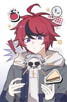  ! 2boys ahoge animal_ears aotsuki_eito black_streaks blue_eyes blue_jacket chibi dog_boy dog_ears flying_sweatdrops grey_hair grey_jacket hands_up highres hood hoodie jacket jacket_over_hoodie kemonomimi_mode looking_at_another male_focus multicolored_hair multicolored_jacket multiple_boys open_clothes open_jacket qiming_zhende_hao_nan red_hair sandwiched short_hair smile sparkle spoken_flying_sweatdrops star_(symbol) streaked_hair sumino_takumi sunglasses sweatdrop the_hundred_line_-last_defense_academy- tomato two-tone_hair two-tone_jacket white_hoodie 