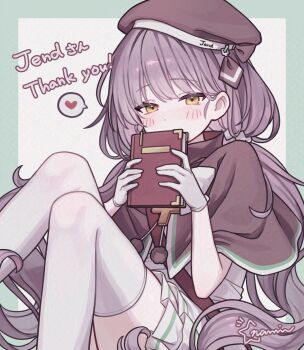  1girl beret blush book border brown_capelet brown_hat capelet character_request commentary commission copyright_request gloves green_border hat heart highres holding holding_book knees_up long_hair looking_at_viewer namin_(namin_star) purple_hair skeb_commission solo speech_bubble spoken_heart thank_you thighhighs white_background white_gloves white_thighhighs yellow_eyes 