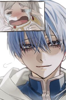  1boy 1girl blue_eyes blue_hair cape closed_eyes closed_mouth crying earrings elf frieren frieren's_three-day_tantrum hashtag-only_commentary highres himmel_(sousou_no_frieren) jewelry mole mole_under_eye open_mouth pointy_ears smile sousou_no_frieren tears twintails white_background white_cape white_hair yosei_bin 