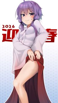  1girl 2026 :3 absurdres asa_no_ha_(pattern) clothes_lift commentary dated gradient_background hakama hakama_skirt highres isurugi_gen japanese_clothes looking_at_viewer miko new_year purple_hair skirt skirt_lift smug solo standing thighs twintails voiceroid yuzuki_yukari 
