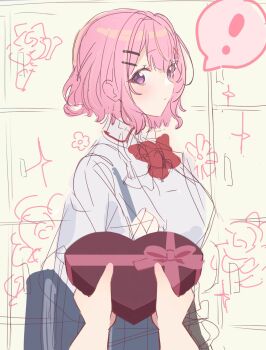  ! 2girls amaori_renako ashigaya_high_school_uniform bow bowtie box closed_mouth collared_shirt colored_speech_bubble commentary_request female_pov gift hair_ornament hairclip heart-shaped_box highres holding holding_gift looking_at_viewer medium_hair multiple_girls parallel_hairclips pink_hair pov purple_eyes red_bow red_bowtie school_uniform shirt sketch sparkle speech_bubble spoken_exclamation_mark suzuri_053 watashi_ga_koibito_ni_nareru_wake_naijan_murimuri! white_shirt 