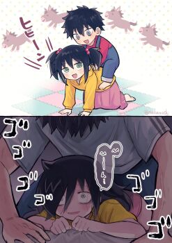  1boy 1girl age_progression bags_under_eyes bed bed_sheet black_hair blush boy_on_top brother_and_sister commentary_request green_eyes grey_eyes hair_over_one_eye hetero highres horse horseback_riding incest kuroki_tomoki kuroki_tomoko long_hair lying lying_on_person menacing_(jojo) messy_hair nuka_(nukamochi) on_stomach prone_bone riding sex_from_behind short_hair siblings size_difference twintails watashi_ga_motenai_no_wa_dou_kangaetemo_omaera_ga_warui! 