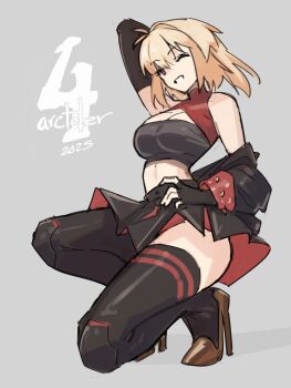 1girl alternate_costume arcueid_brunestud arm_behind_head arm_up black-framed_eyewear black_jacket black_nails blush breasts burnice_white burnice_white_(cosplay) cleavage cosplay crop_top cropped_jacket hair_between_eyes highres jacket jonyeld long_sleeves looking_at_viewer medium_breasts navel one_eye_closed red_eyes red_hair skindentation smile solo squatting stomach thighhighs tinted_eyewear tsukihime tsukihime_(remake) twintails white_background zenless_zone_zero rating:General score:4 user:danbooru