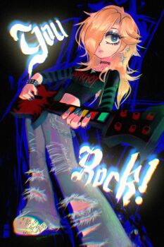  1girl alternate_costume baggy_pants band_shirt black_background blonde_hair blue_eyes blue_eyeshadow blue_nails bracelet chain choker chromatic_aberration commentary controller cropped_shirt denim ear_piercing earrings emo_fashion english_text eyelashes eyeshadow fingernails foreshortening game_controller guitar guitar_hero hair_over_one_eye hashtag-only_commentary highres holding holding_controller holding_game_controller holding_instrument instrument jeans jewelry lace lace_choker long_eyelashes long_fingernails long_hair long_sleeves makeup mario_(series) merchandise messy_hair music necklace nintendo pants piercing playing_instrument pocket_catyay rosalina shoes single_earring slipknot solo spiked_bracelet spikes star_(symbol) star_earrings star_necklace striped_clothes striped_sleeves super_star_(mario) torn torn_clothes torn_jeans torn_pants twitter_username wallet_chain white_shoes yoshi 
