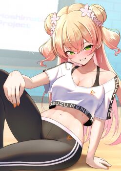  black_pants blonde_hair blush breasts character_name cleavage closed_mouth clothes_writing commentary_request copyright_name cropped_shirt double_bun flower green_eyes hair_bun hair_flower hair_ornament hololive hololive_dance_practice_uniform marishia_holo medium_breasts momosuzu_nene nail_polish official_alternate_costume orange_nails pants shirt smile solo two_side_up virtual_youtuber white_shirt 